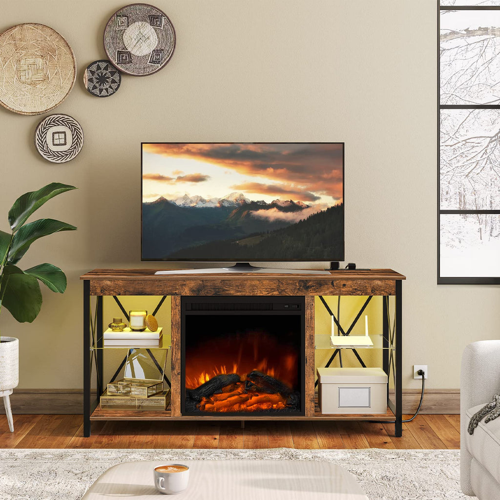 Fireplace TV Stand with Charging Station and LED Lights, TV Stand with Fireplace for TVs up to 55", Entertainment
