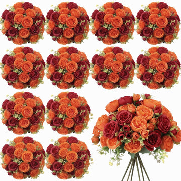 16 Bundles Artificial Peonies Flower, Orange, Dark Red