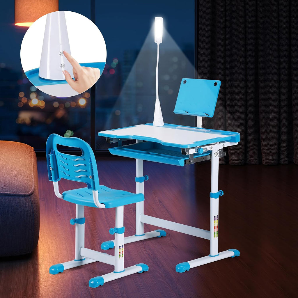 Kids Study Desk and Chair Set, Height Adjustable Children's Desk with LED Lamp, Tilting Desktop, Pull-Out Drawer