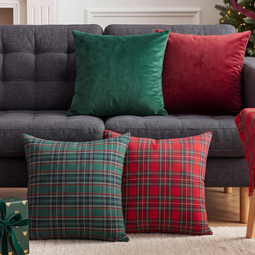 Christmas Pillow Covers Scottish Tartan Velvet Fabric Decorative Cushion Covers Christmas Decor for Xmas Favors - Set of 4