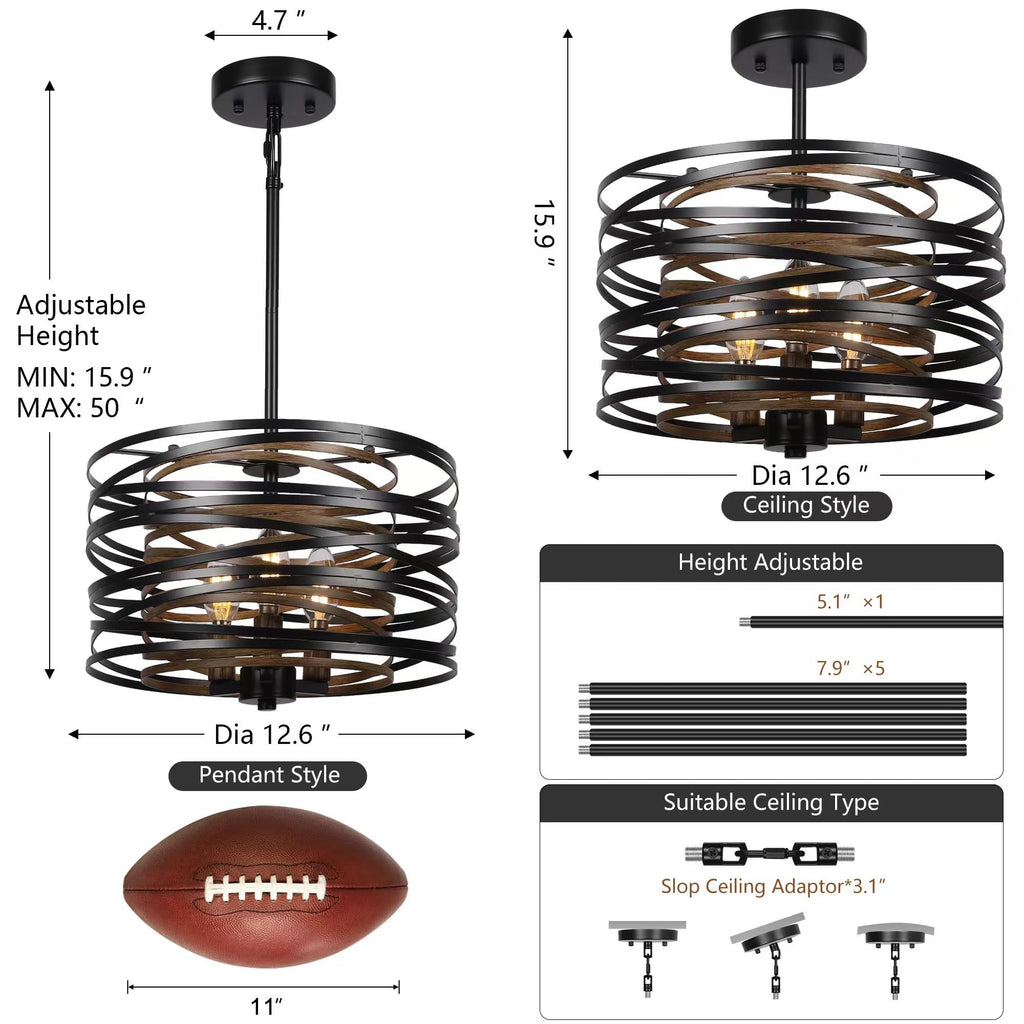3-Light Dining Room Chandelier, 12.6" Rustic Black Drum Chandeliers, Wood Grain and Vintage Light Fixture Entryway