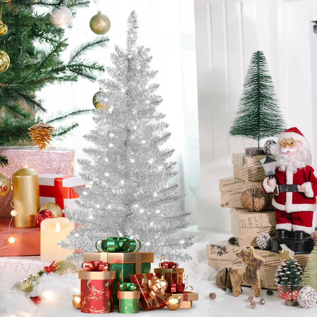 4ft Artificial Full Silver Christmas Tree with Separate Lights, Not Pre-lit Mini Silver Tinsel Pine Christmas Tree