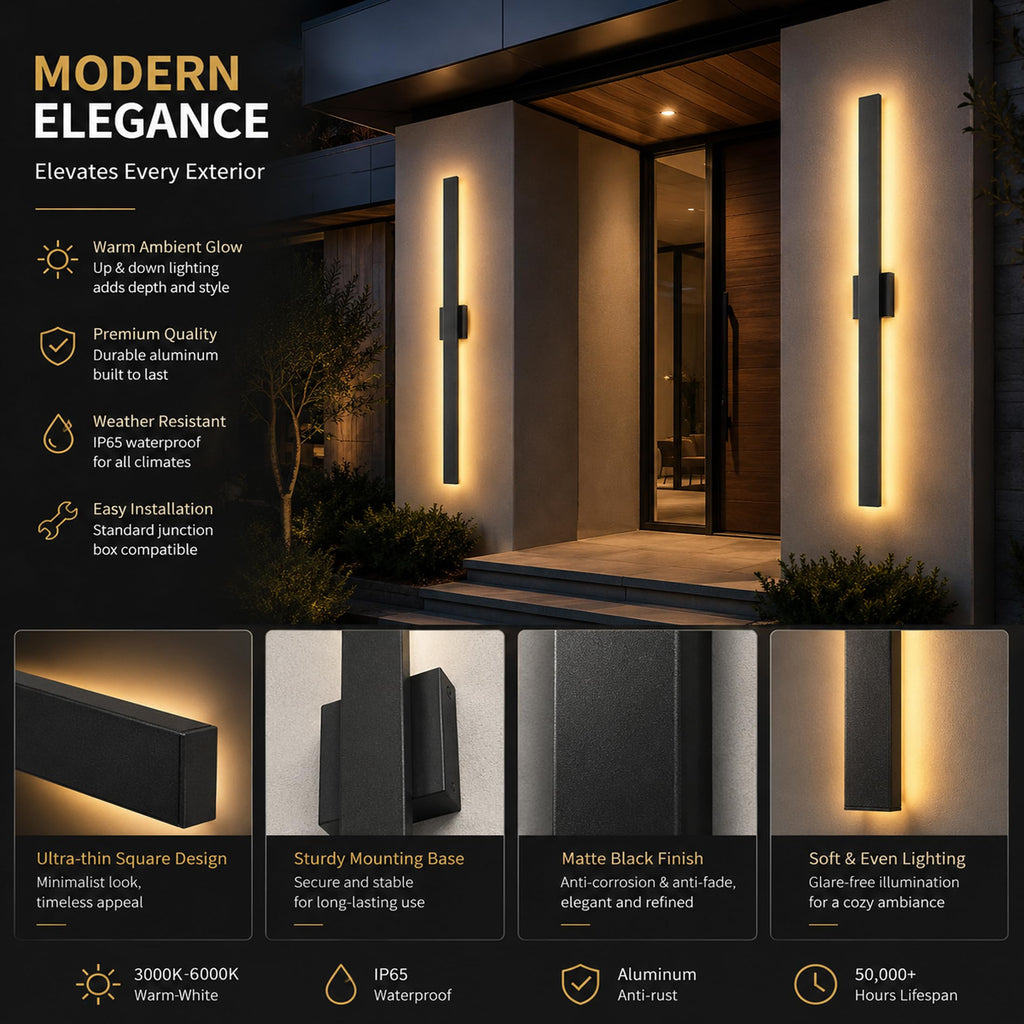 2Pack Modern Outdoor Wall Lights Dimmable, 23.6" Linear Led Exterior Wall Light, 3CCT, Aluminum& PC, IP65-Waterproof