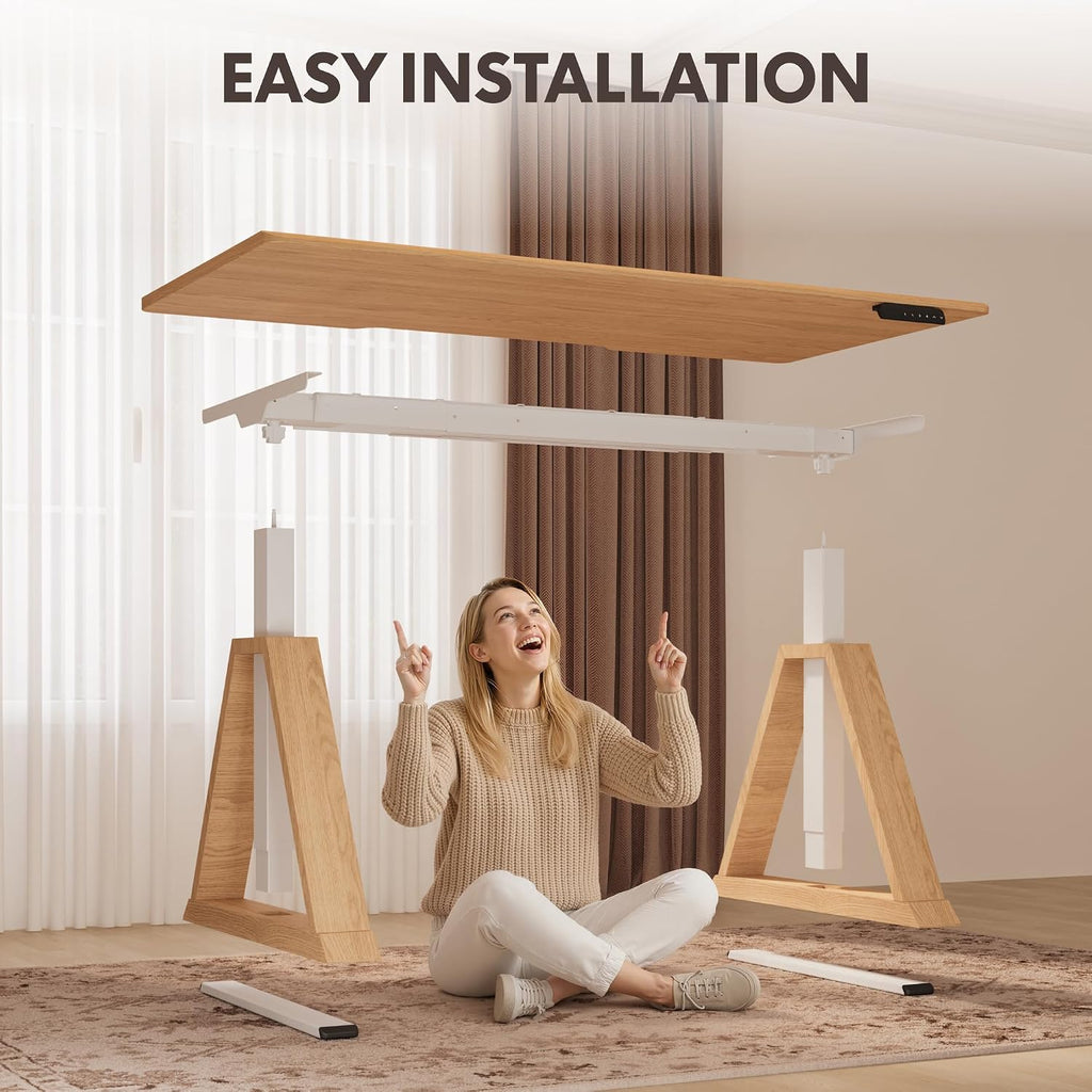 60 x 30 Inch Oak Executive Standing Desk, Natural | Japandi-Inspired Sit-Stand Desk, Architectural V-Frame Design