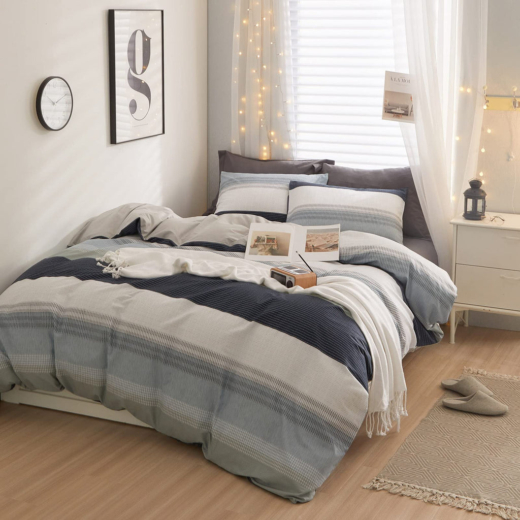 Cotton Stripe Duvet Cover Full Size Gray Blue White Stripe Comforter Cover Modern Style Geometric Stripe Bedding Set