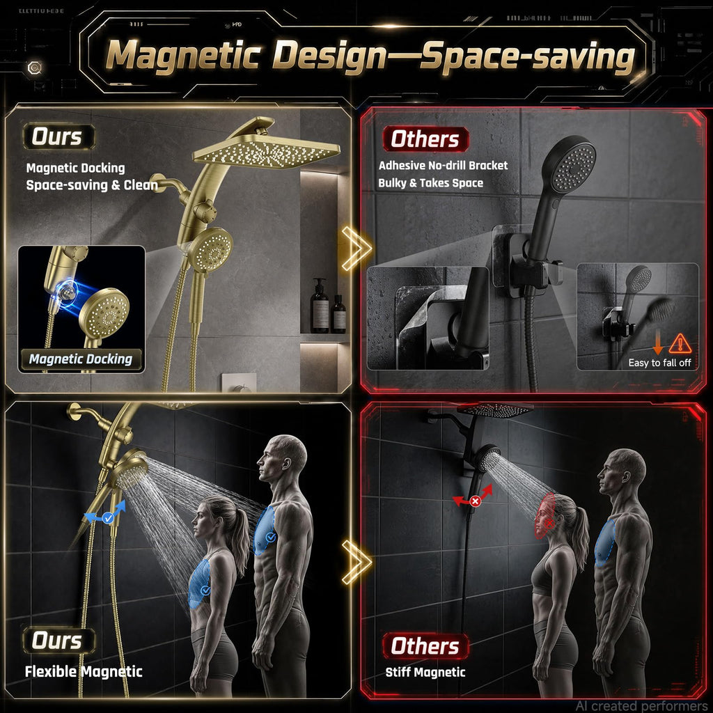 12" Brushed Gold Shower Head with Handheld, High Pressure Power Wash