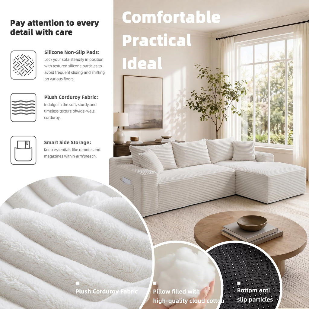 95" L‐Shaped Modular Cloud Corduroy Boneless Sectional Sofa