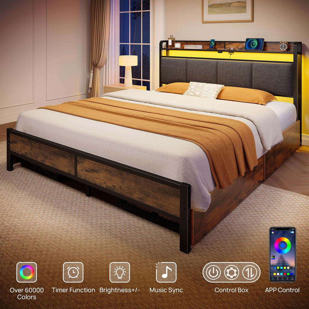 Bed Frame Full Size with Charging Station and LED Lights, Upholstered Storage Headboard with Drawers, Heavy Duty