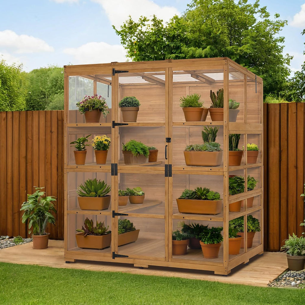 Macrout Wooden Walk-in Greenhouse with Acrylic Panels, Large Greenhouse Outdoor with Openable Roof Vents with