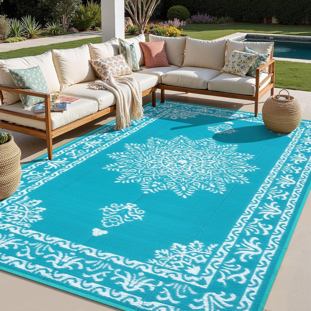Outdoor Rug Waterproof Plastic Straw Outdoor Patio Rug, Teal