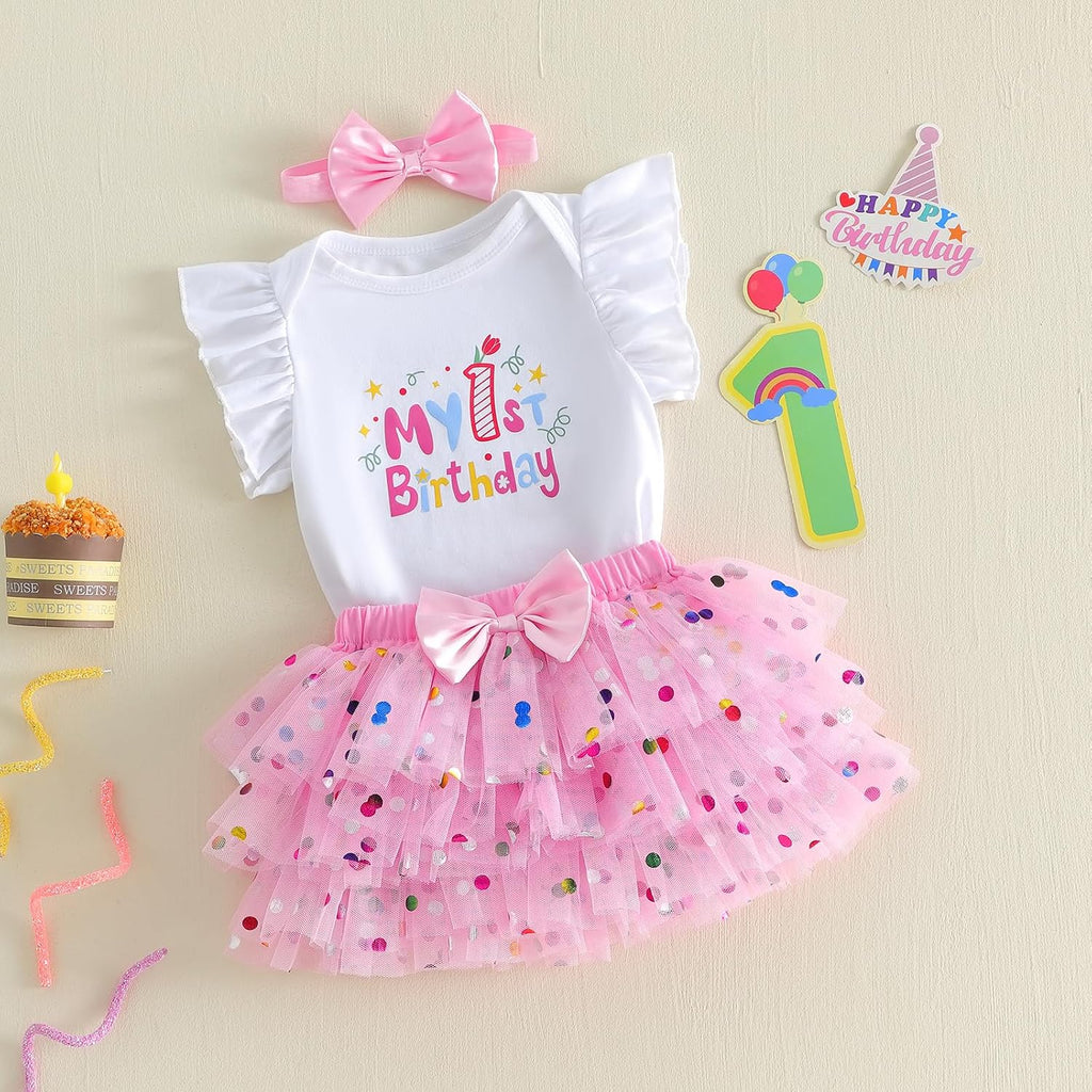 First Birthday Outfit Girl Clothes Short Sleeve Romper Tops Tutu Skirts Baby Bows Summer Clothes One Year Old