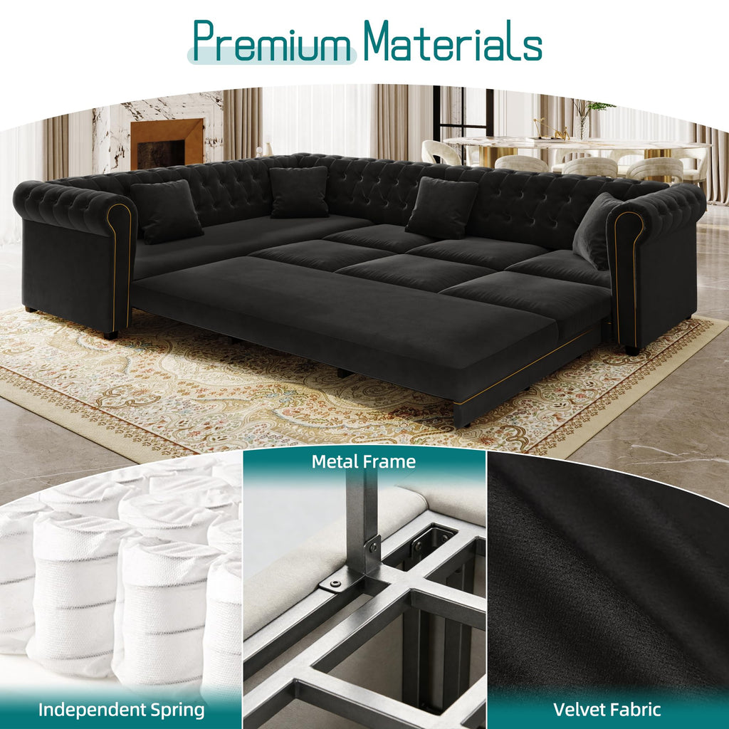 115.3" L-Shaped Sofa Couch with Pull Out Bed, Oversize Convertible Sectional Sleeper Sofa with Button Tufted & Rolled