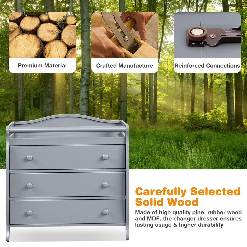 3-Drawer Changing Table, Infant Diaper Changing Station with Drawers, Safety Rails & Strap, Baby Changing Table