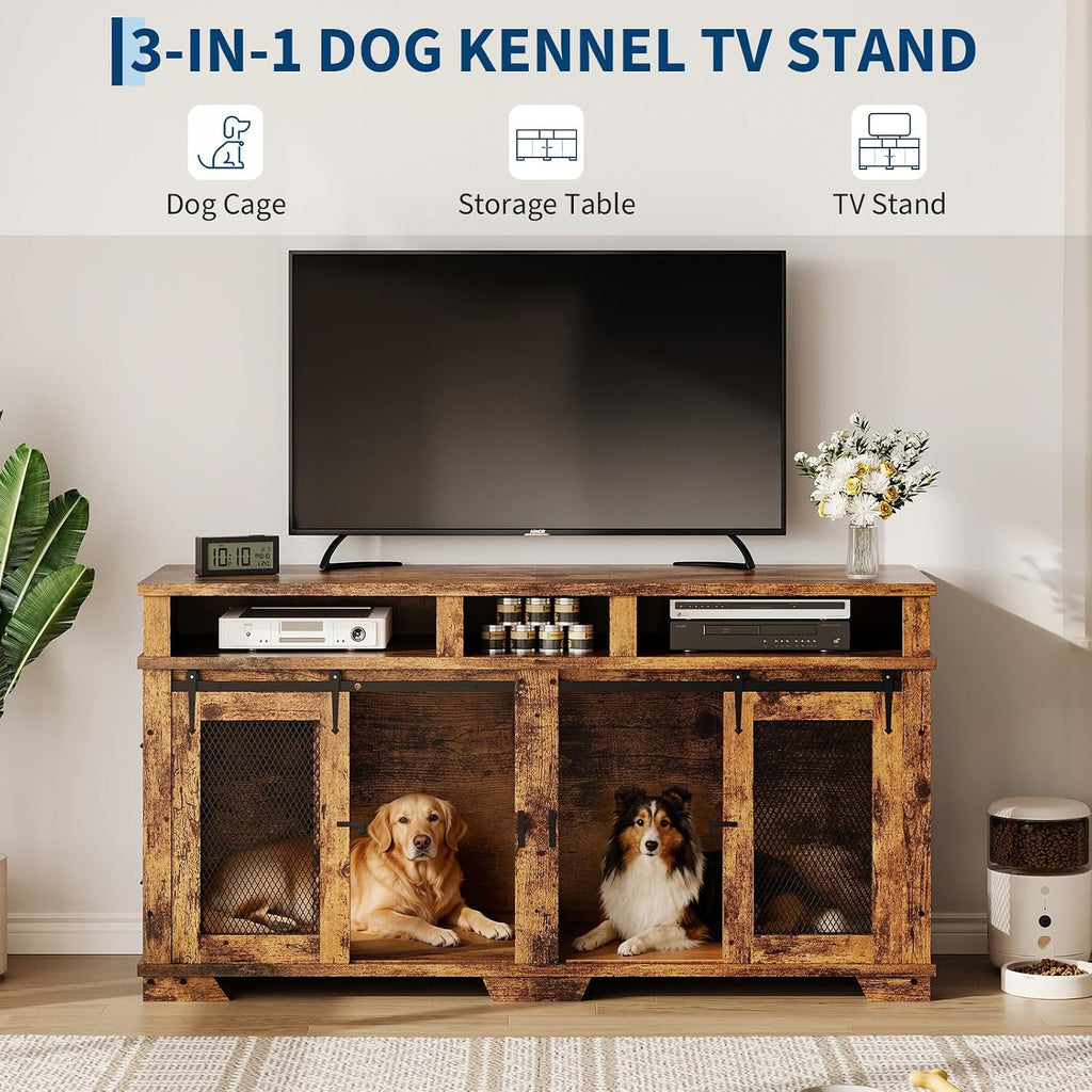 Dog Crate Furniture for 2 Dogs, Extra Large Double Dog Kennel Indoor with Removable Divider and Storage Drawers
