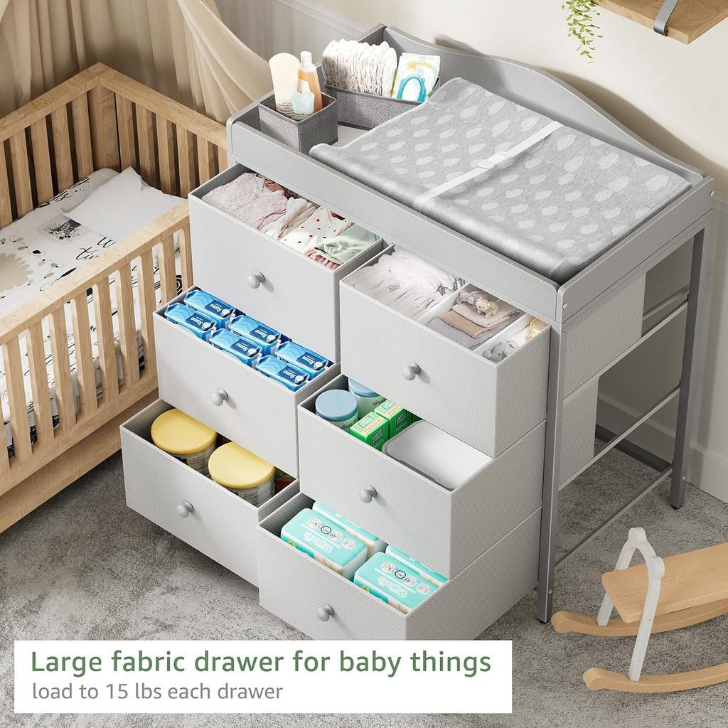 Changing Table Dresser with 6 Fabric Drawers, Baby Dresser with Changing Table Top Diaper Changing Station with