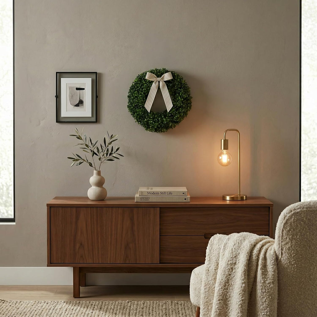 Round Boxwood Wreath for Front Door, Green, 16.5"