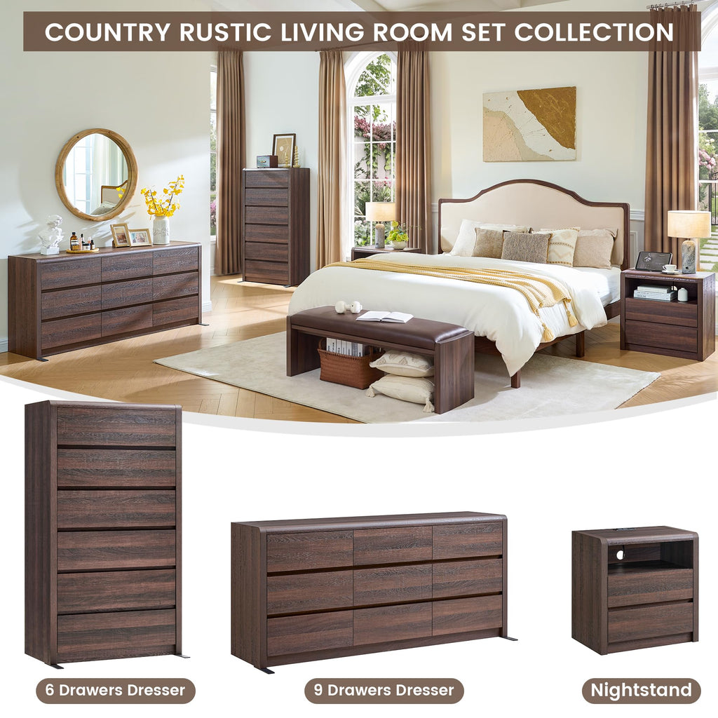 Modern 6 Drawers Dresser, 55.6" Tall Walnut Dressers & Chest of Drawer, Wooden Dresser, Front Curved & Handleless