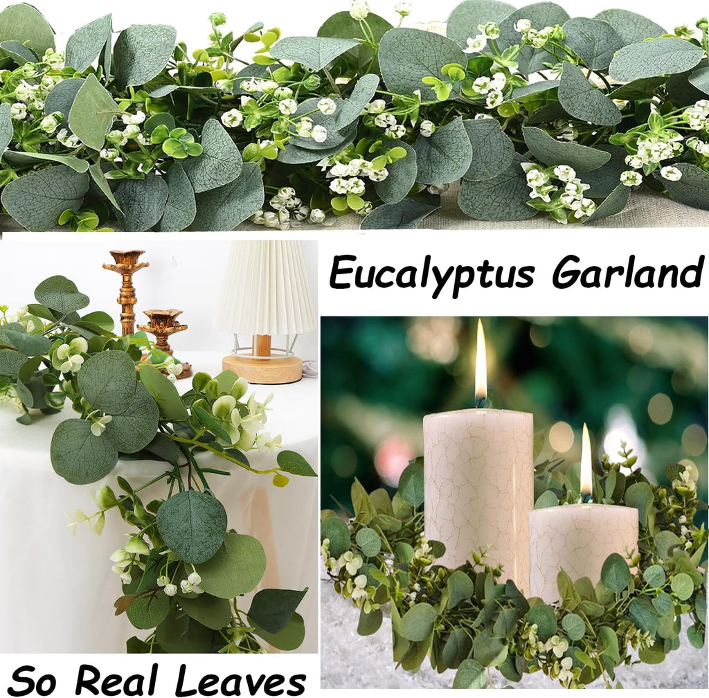 Artificial Eucalyptus Garland 5.9FT Spring Greenery Garland Decor Summer Faux Silver Dollar Hanging Eucalyptus - Set of 2