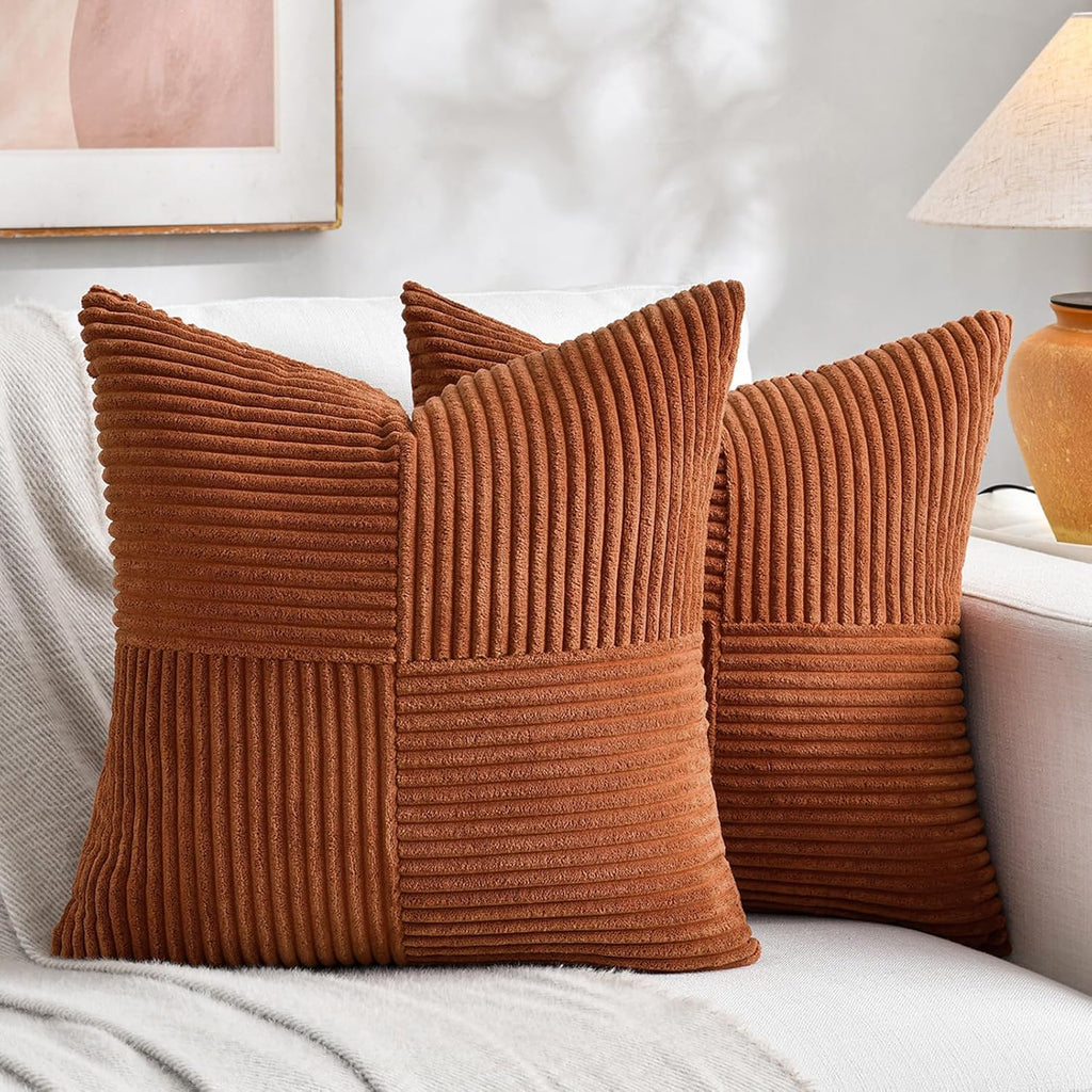 2 Packs Rust Boho Decorative Throw Pillow Covers 18x18 Inch, Farmhouse Fall Home Decor, Soft Corss Corduroy Patchwork
