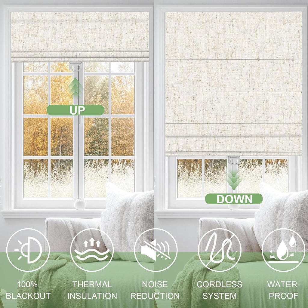 No Drill Cordless Roman Shades for Window, Blackout Roman Blinds Room Darkening Pull Down Blinds Easy Install Linen