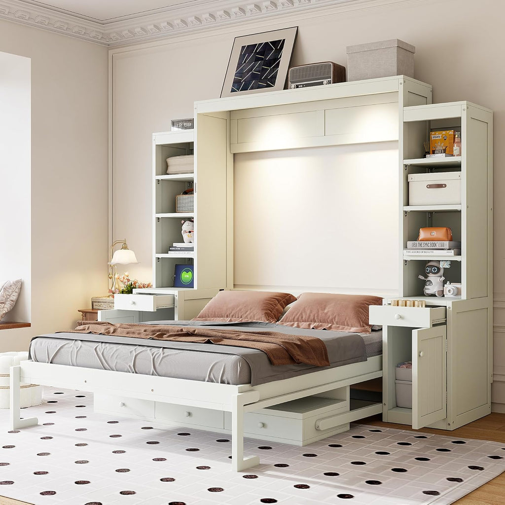 Queen Murphy Bed with Desk & Storage, Wood Wall Bed for Apartments Bedroom Home Office Studio (White#B, Queen)