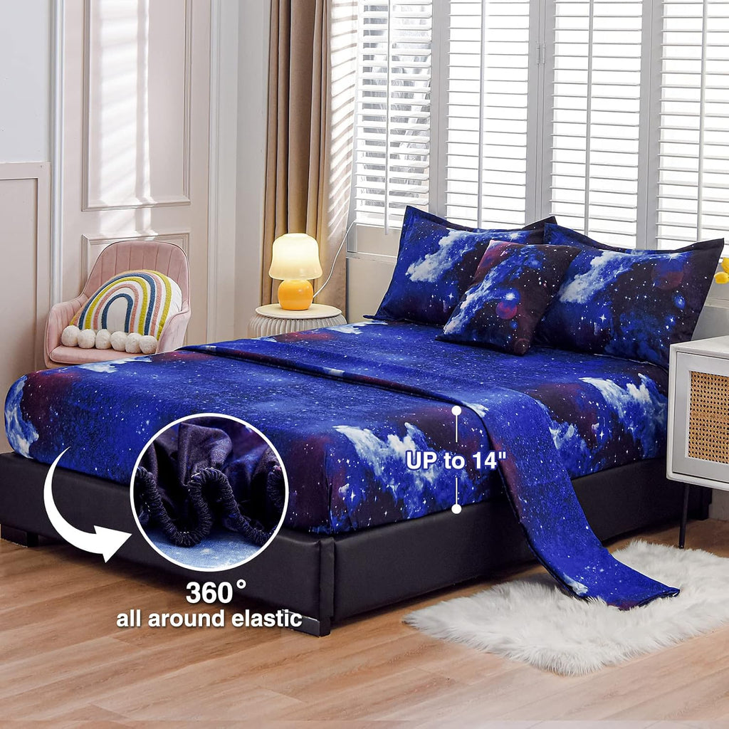 Galaxy 6Pcs Bedding Sets Outer Space Comforter Bed in a Bag 3D Printed Quilt,for Children Boy Girl Teen Kids,Full 6Pcs