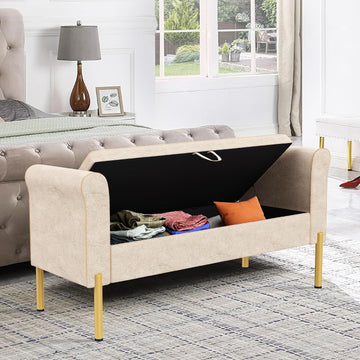 Modern Blue Velvet Storage Bench End of Bed Bench Ottoman, Upholstered Armed Entryway Bench Long Settee