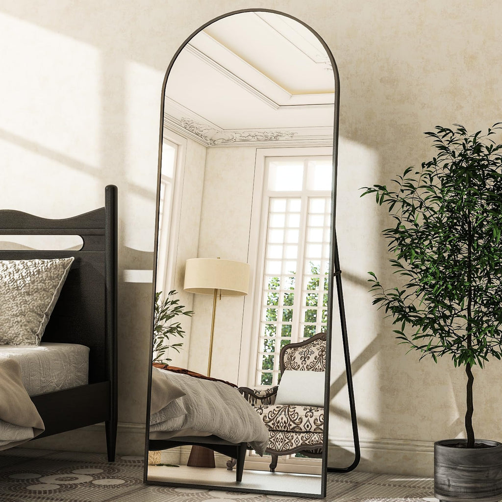 Arched Full Length Mirror, 64" x 21" Arch Black Floor Mirror with Stand