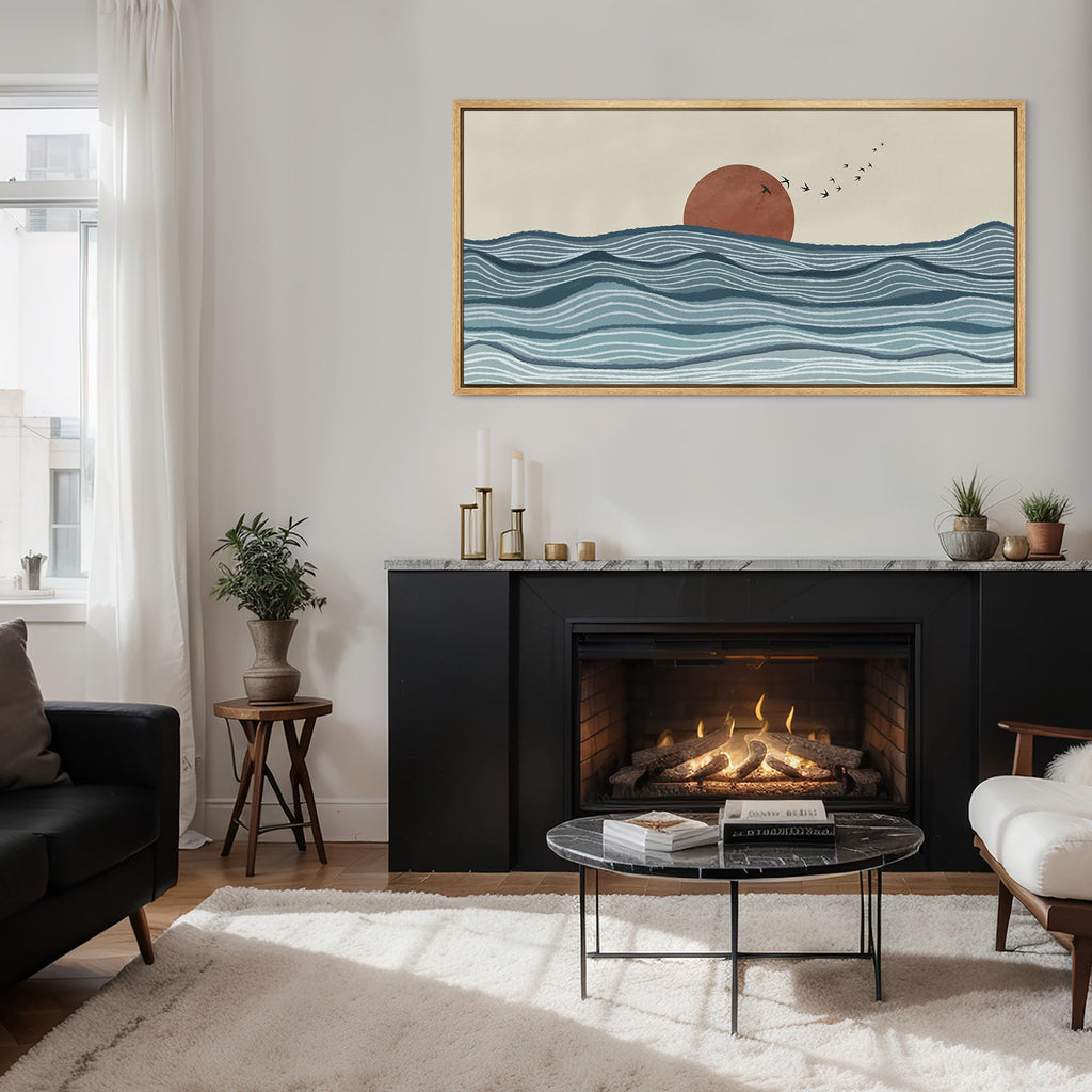 Extra Large Framed Canvas Print Wall Art Calm Seascape Ocean Waves and Setting Sun Illustrations Antique Retro Fine
