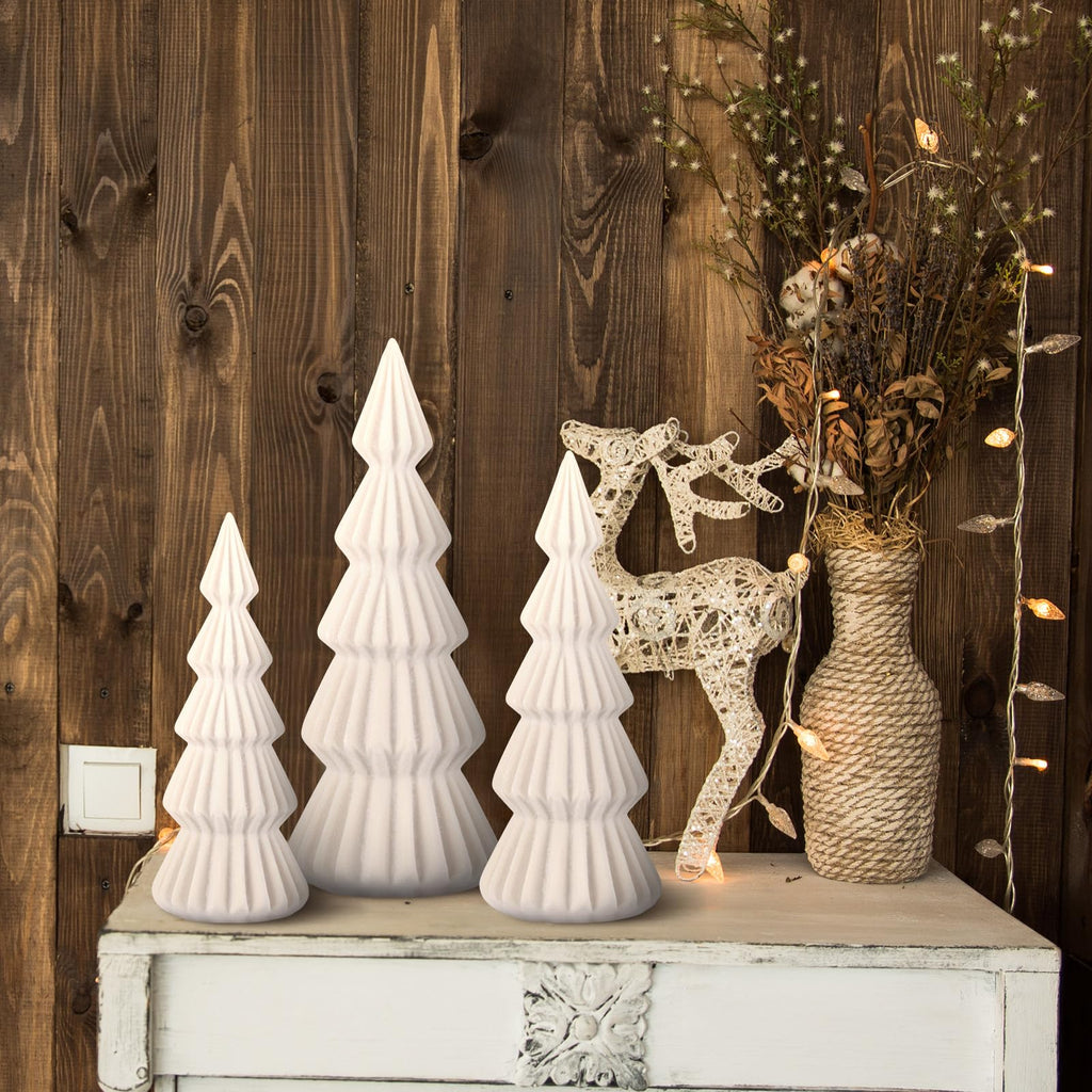 Set of 3 Velvet Ceramic Christmas Tree Decor, Cream White