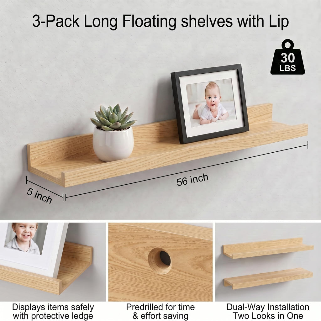 Floating Shelves for Wall, 56" Picture Ledge Shelf, White Oak