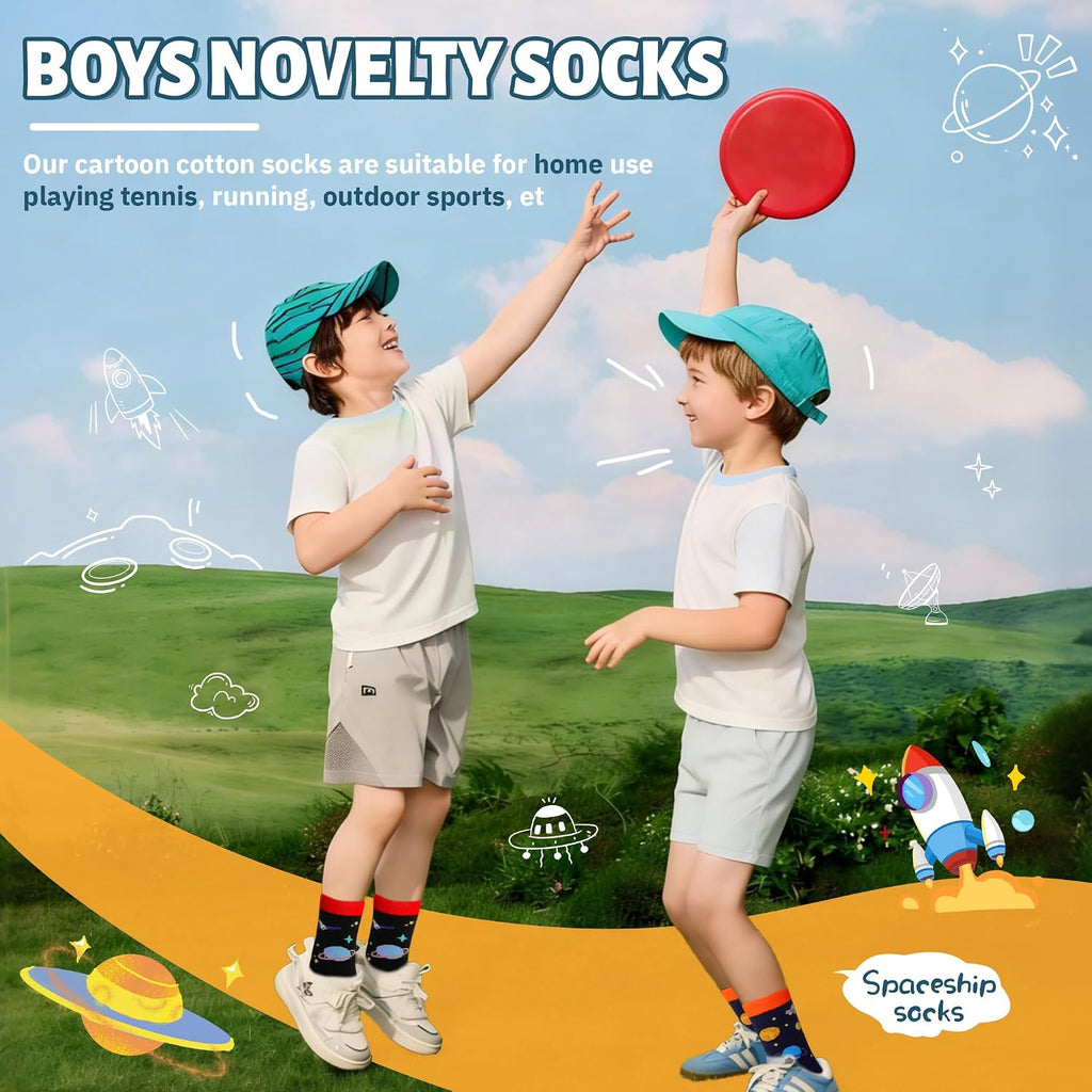 Boys Socks Kids Funny Cotton Novelty Crew Cartoon Space Dinosaur Crazy Socks 6 Pairs