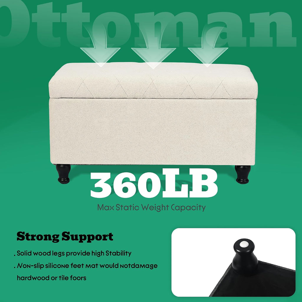 32'' Beige Fabric Upholstered Ottoman Storage Bench | Upholstered Ottoman with Storage , Entrance Foot Rest Stool