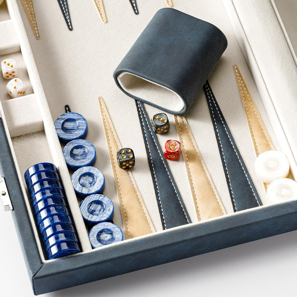 15inch Backgammon Sets for Adults, Classic Backgammon Board with Unique Checkers Dice, Faux Leather Exterior