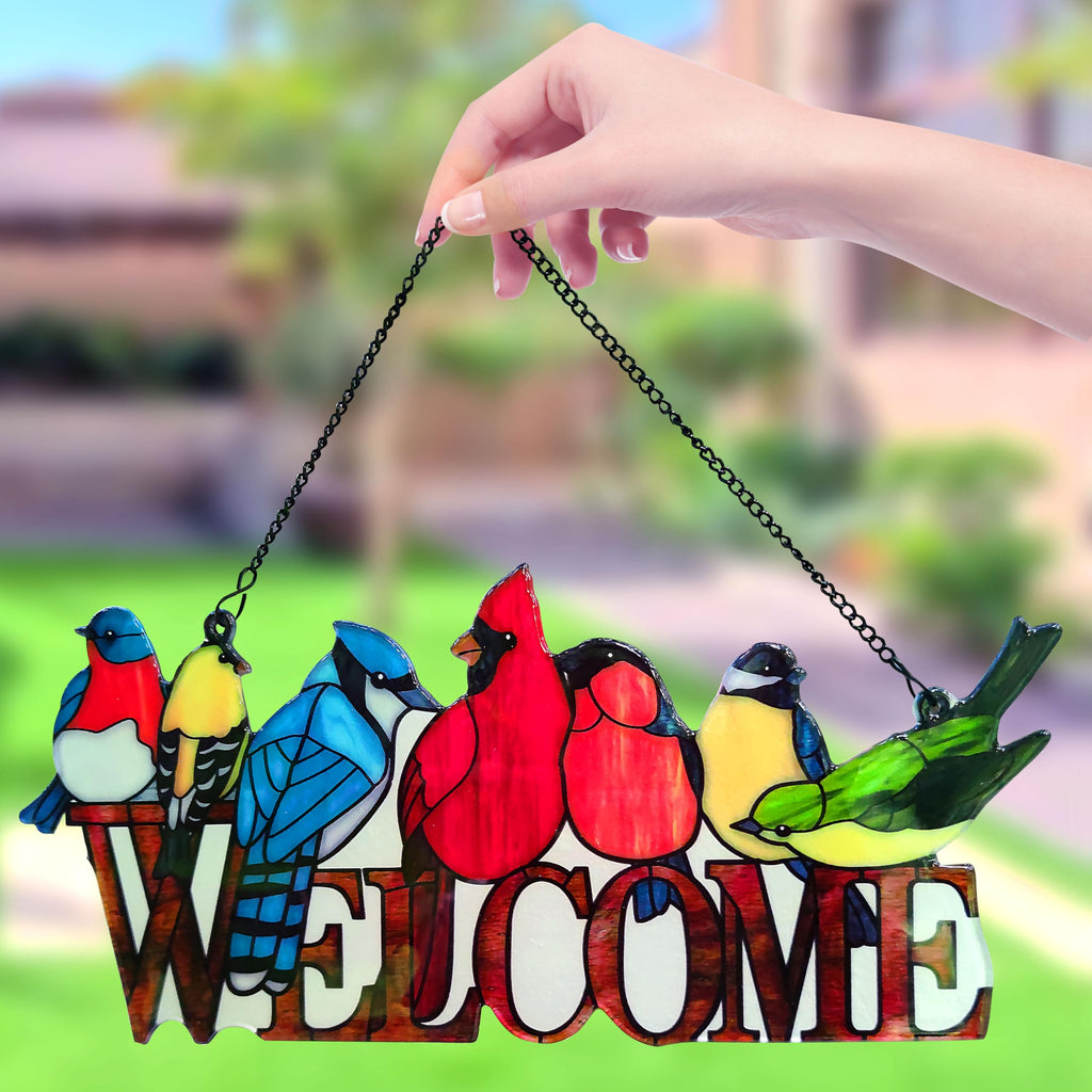 Birds On Branch Stained Glass Suncatcher Cardinal Hummingbird Kingfisher Double Side Glass Panel Window Hanging Decor