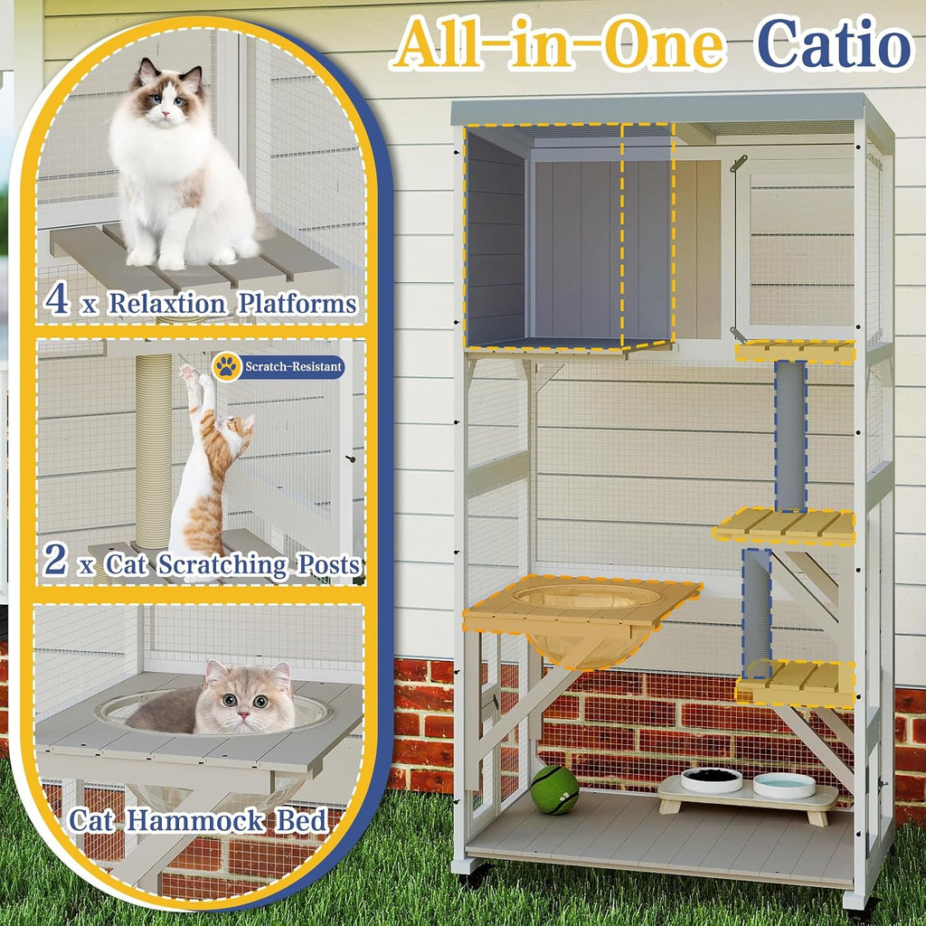63.5" H Window Catio Outdoor Cat Enclosure with Wheels, Expandable Design