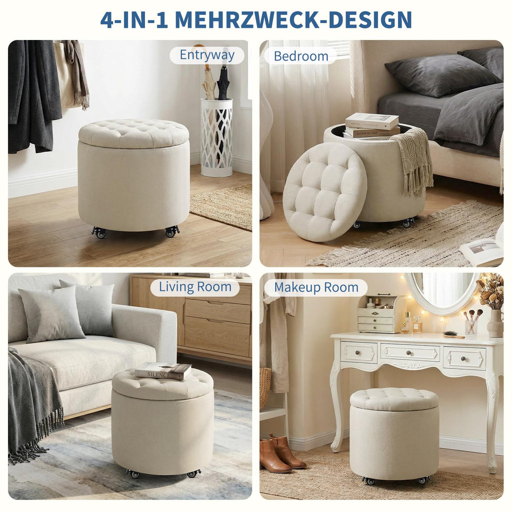18.9 Inch Round Storage Ottoman with Wheels, Hidden Storage with Removable Lid, Stylish Button Tufted Design Ottoman