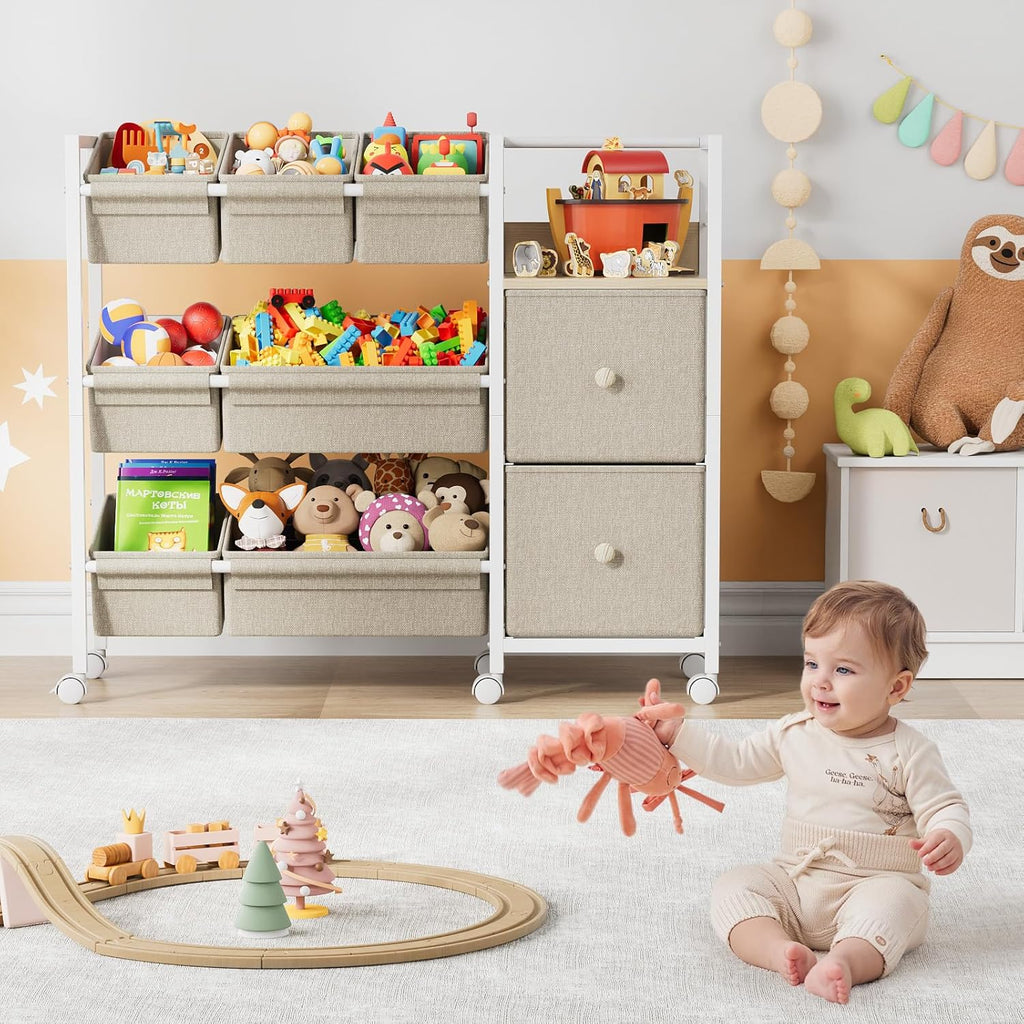 Kids Toy Organizers and Storage Bins, Off White | 7 Storage Bins + 2 Fabric Drawers + 1 Bookshelf, Playroom Storage