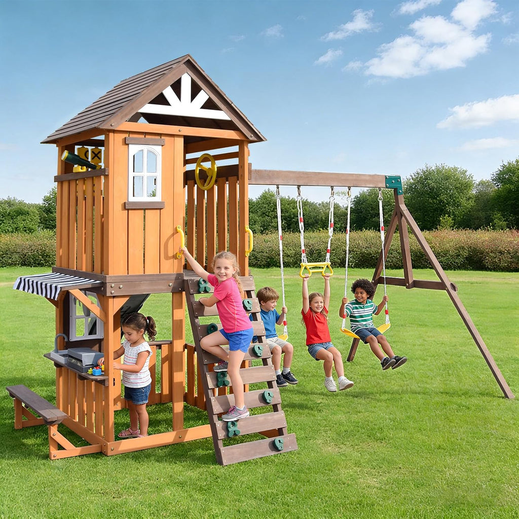 Cedar Wood Swing Set with Slide,Rock Wall,Belt Swings,Tic-Tac-Toe, Play Kitchen for Kids Backyard Outdoor