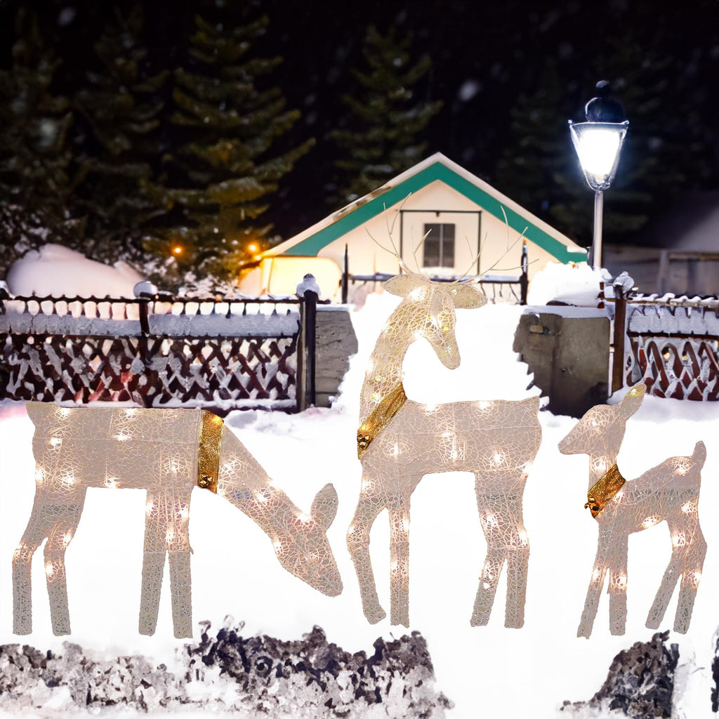 Christmas Outdoor Decoration, 3-Piece Lighted 2D Reindeer Family with 60 L, Pre-Lit Light Up Deer Set, Waterproof