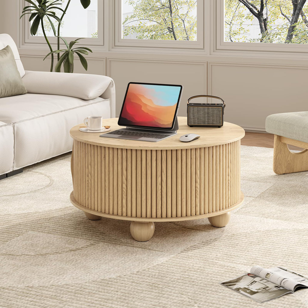 31.5" Round Coffee Table with Storage, Natural Oak