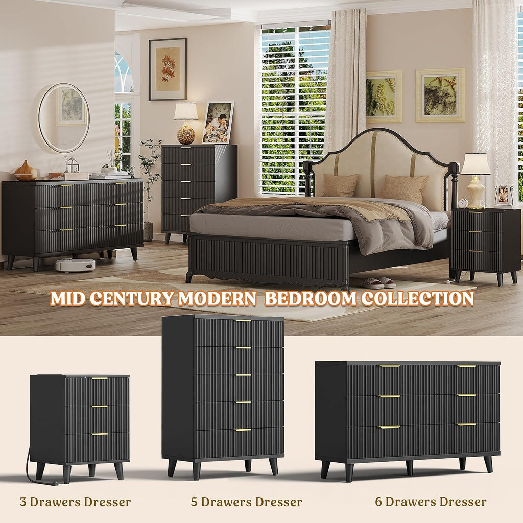 Black Dresser Wood Tall Dressers Drawers, Fluted Modern Dresser 5 Drawers Black