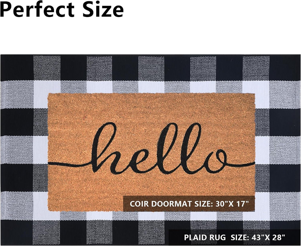Front Door Mat Combo Set, Hello 100% Coco Coir Welcome Doormat + 28" x 43" Layered Buffalo Black and White Plaid Rug