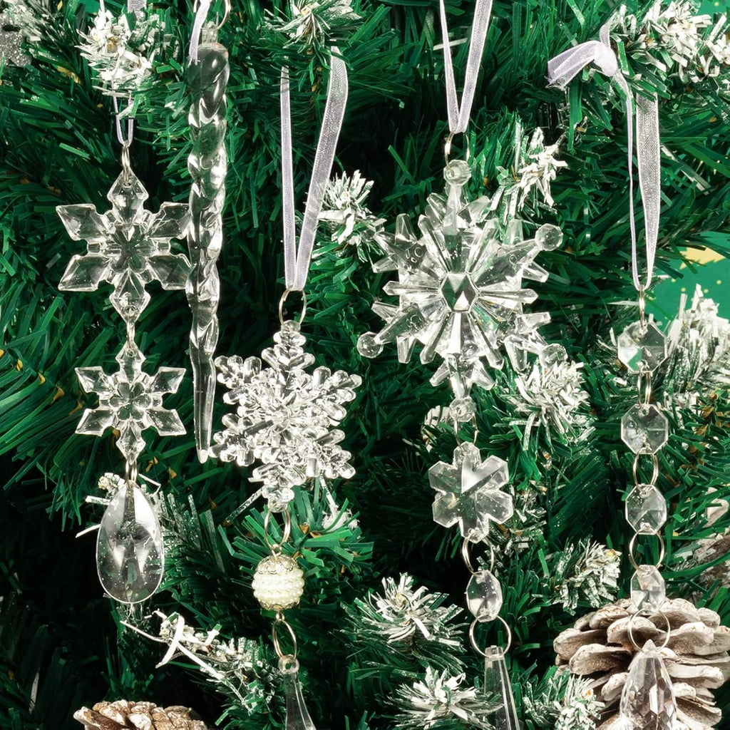 Crystal Christmas Tree Ornaments, Clear Acrylic Snowflake & Icicle - Set of 18