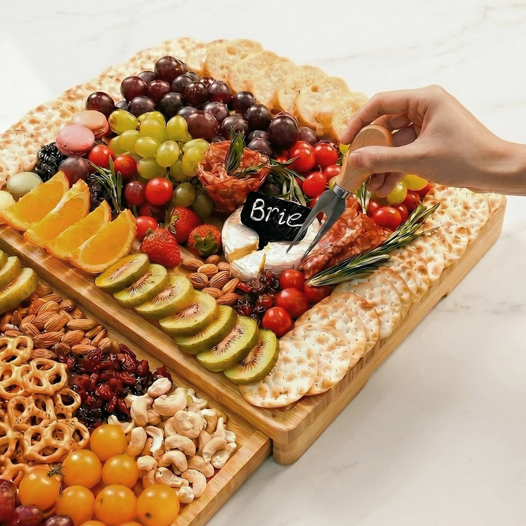 Extra Large Bamboo Charcuterie Board, 3-Layer Pull-Out Cheese Trays