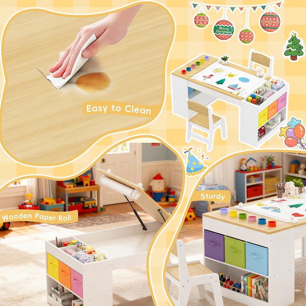 Kids Art Table and 2 Chairs Set, Wooden Craft Desk with 2 Storage Shelves, 6 Storage Bins & Paper Roll for Drawing