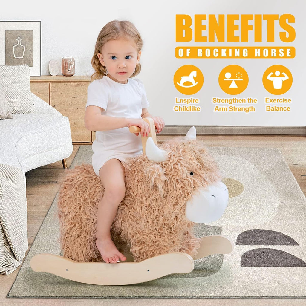 Baby Rocking Horse for 1 Year Old,Wooden Cow Animal Rocker Ride-on Toy Plush Wooden Rocking Toy Playroom Indoor