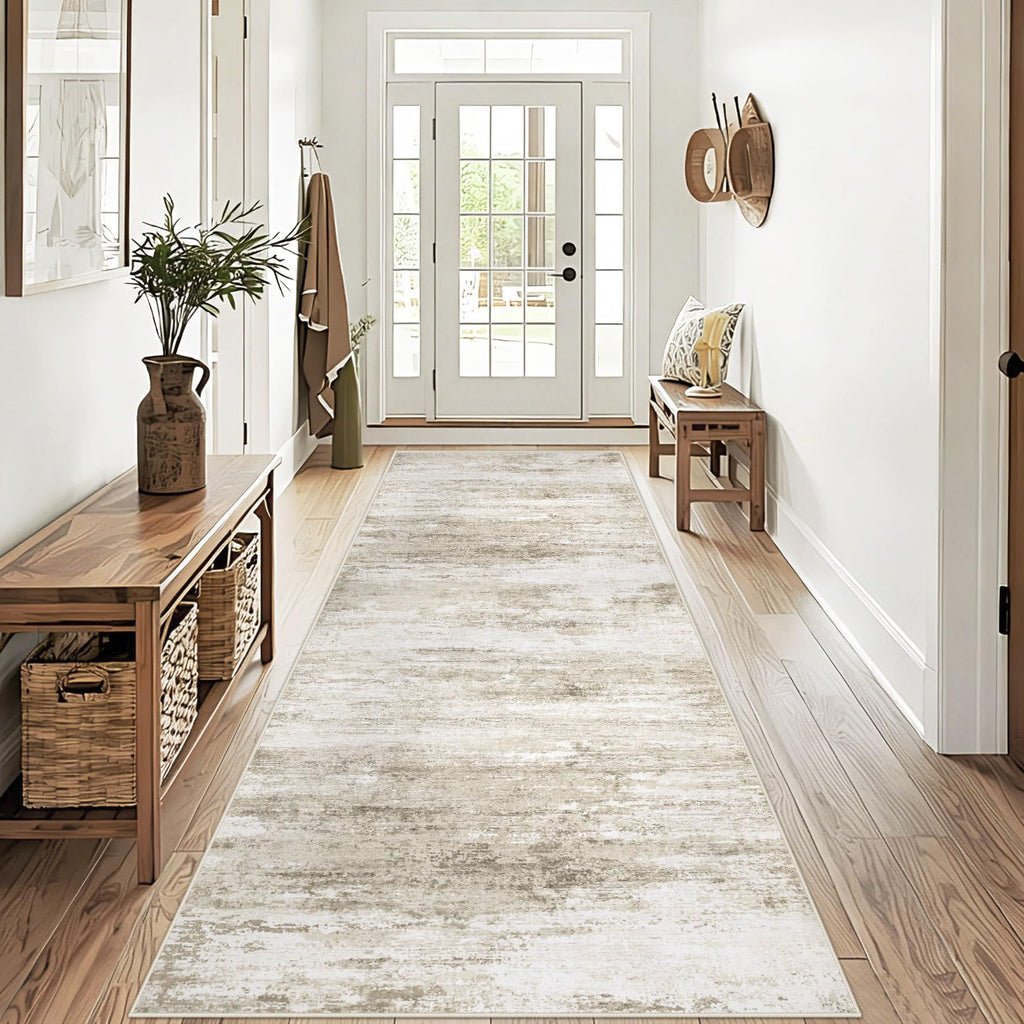Washable Runner Rug : Kitchen Runner Non Slip Neutral Soft Abstract Modern Low Pile Stain Resistant Carpet Runner
