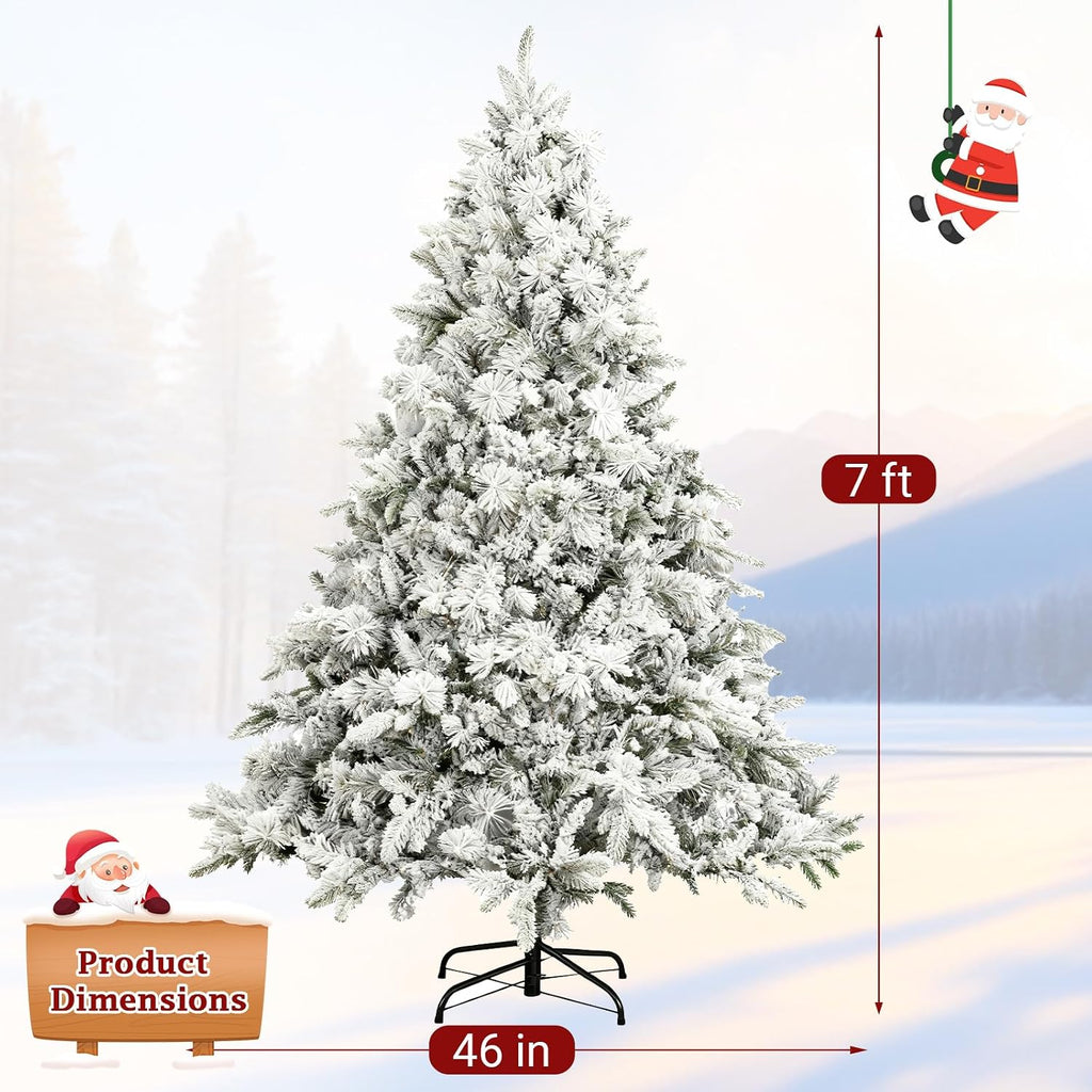 7ft Snow-Flocked Artificial Christmas Tree, LED pre-lit Holiday Xmas Tree Party Decoration with 1100 PE&PVC Hinged