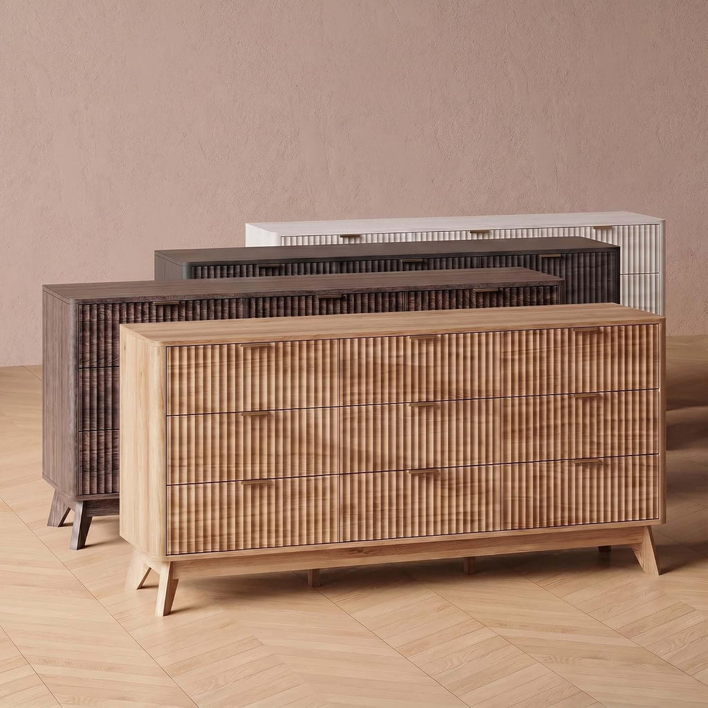 63'' Wide 9 Drawers Dresser ,Modern Fluted Vertical Chest with Rounded Corners,Fluted Dresser , Natural Wood